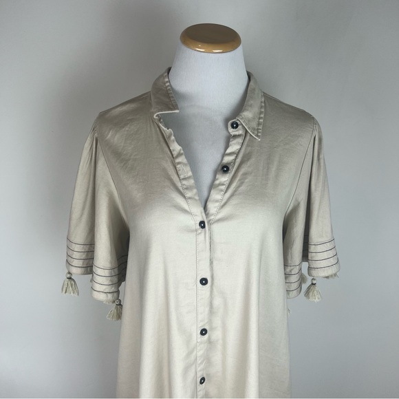 Anthropologie Maeve Collared Linen Button-Front Tassel Mini Dress Cream Size M - Picture 4 of 7